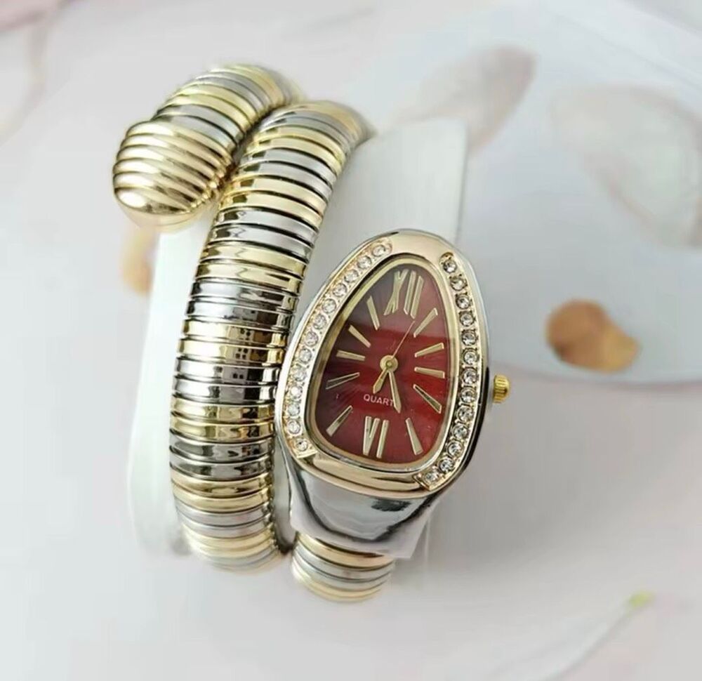 Luxurious Two Tone Elegant Serpentine Bracelet Watch Crystal Red Dial NWOT